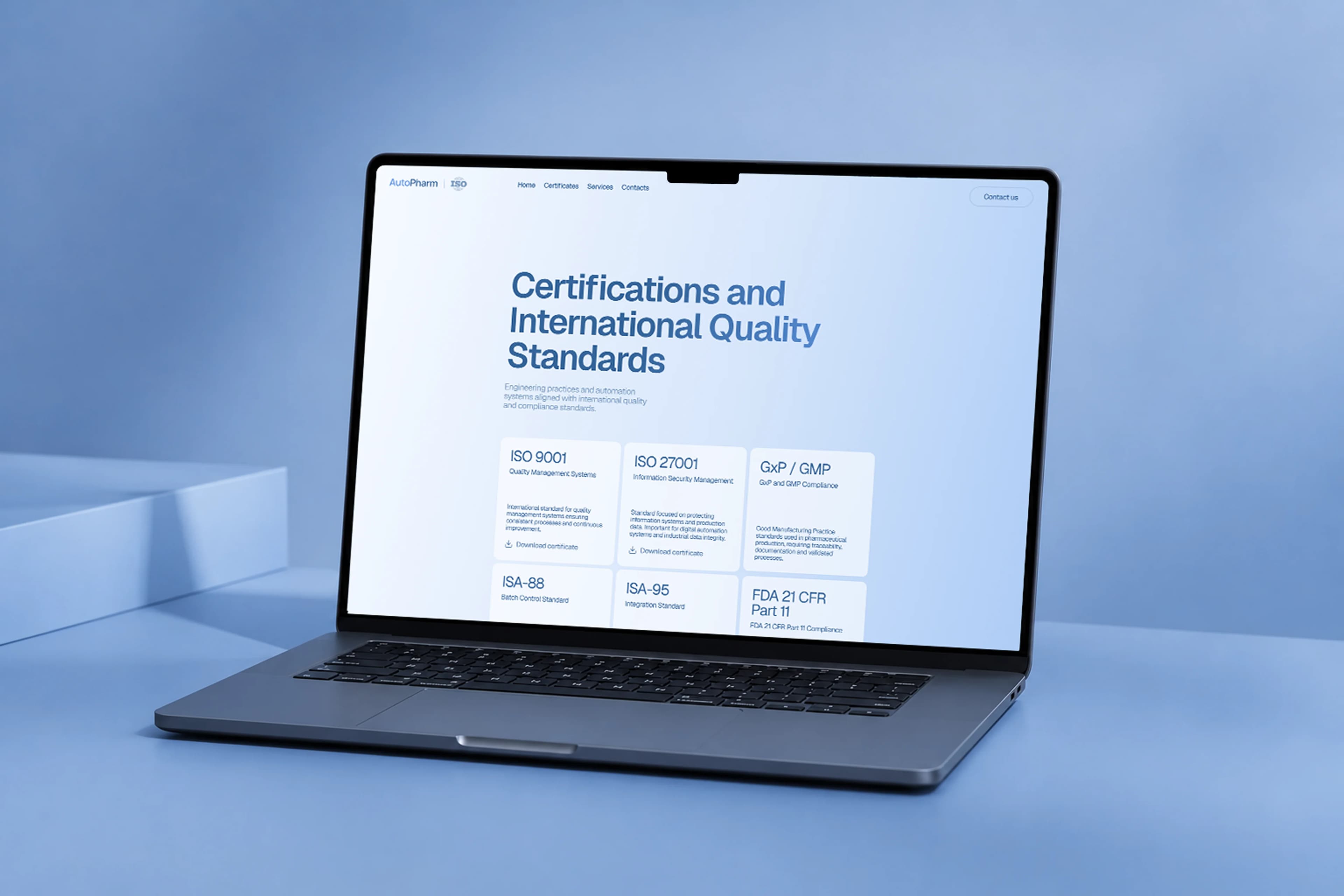 AutoPharm — certifications and international quality standards page on desktop