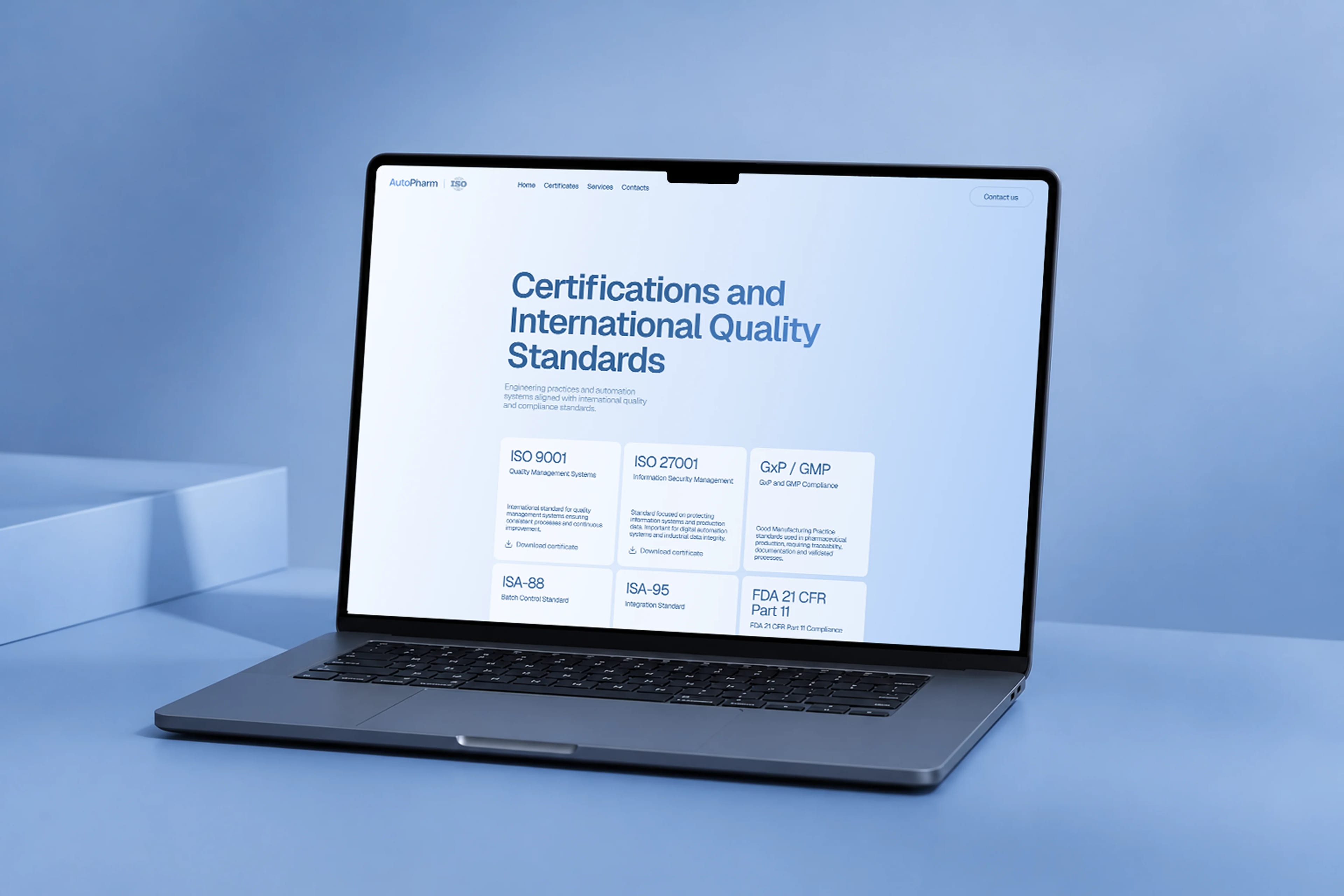 AutoPharm — certifications and international quality standards page on desktop