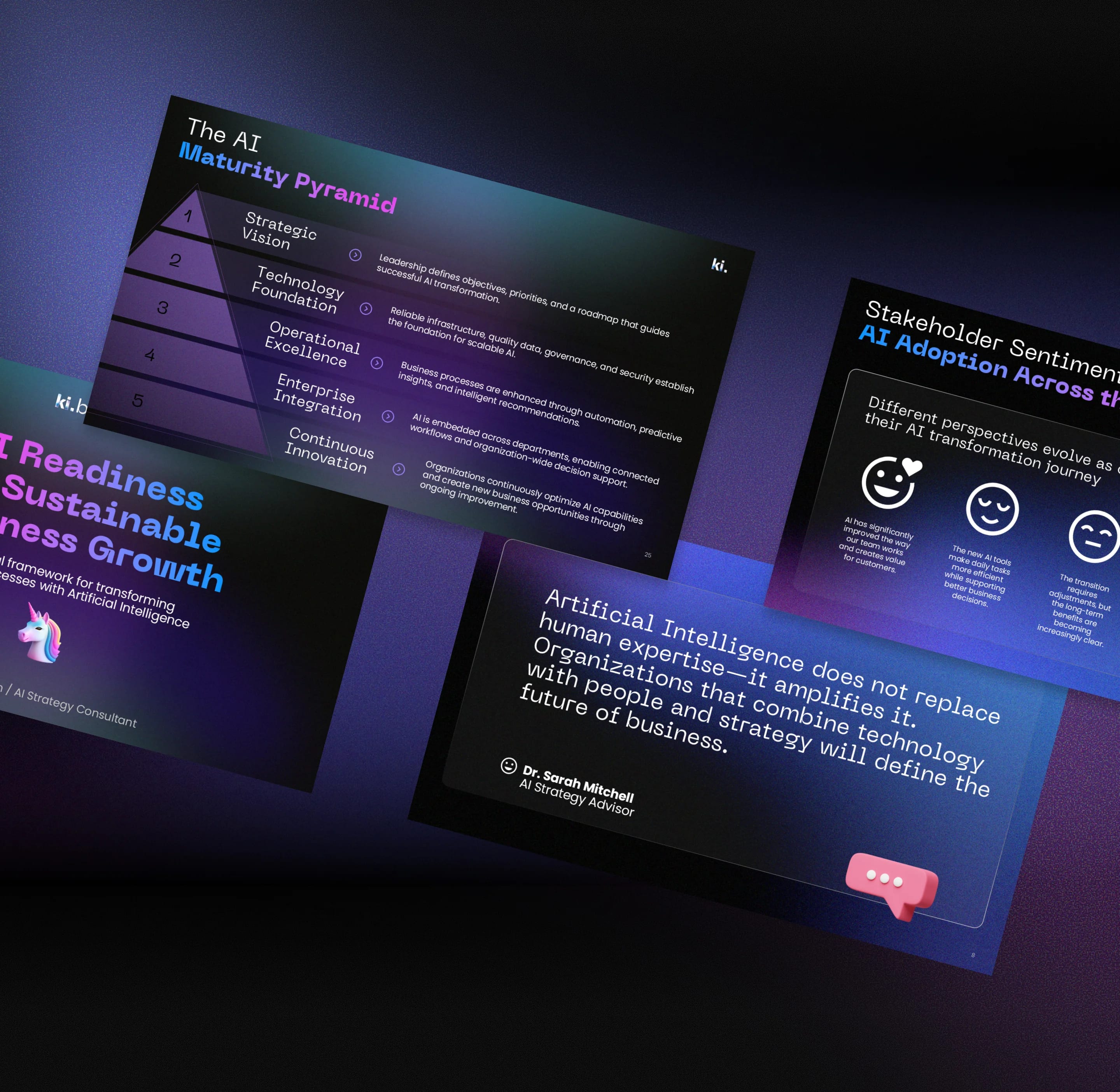 ki.bereit slide system — the dark, gradient-rich theme across covers and section openers